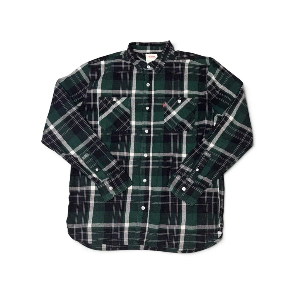 Levi's Men's Green Plaid Flannel Shirt Long Sleeve Double Pocket Cotton Size L